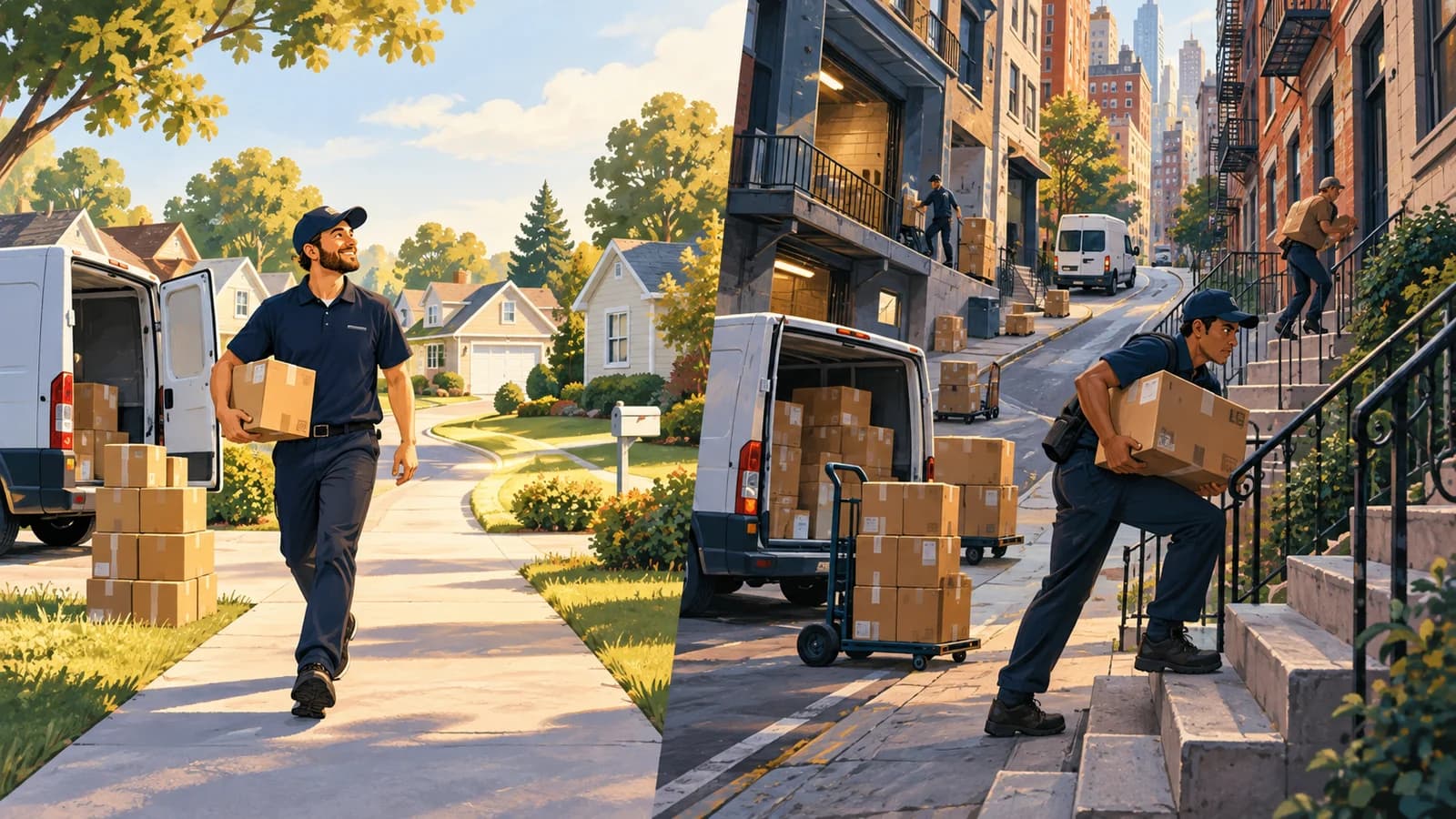 Two delivery routes contrast easy suburban drop-offs with demanding urban stairs and loading docks.