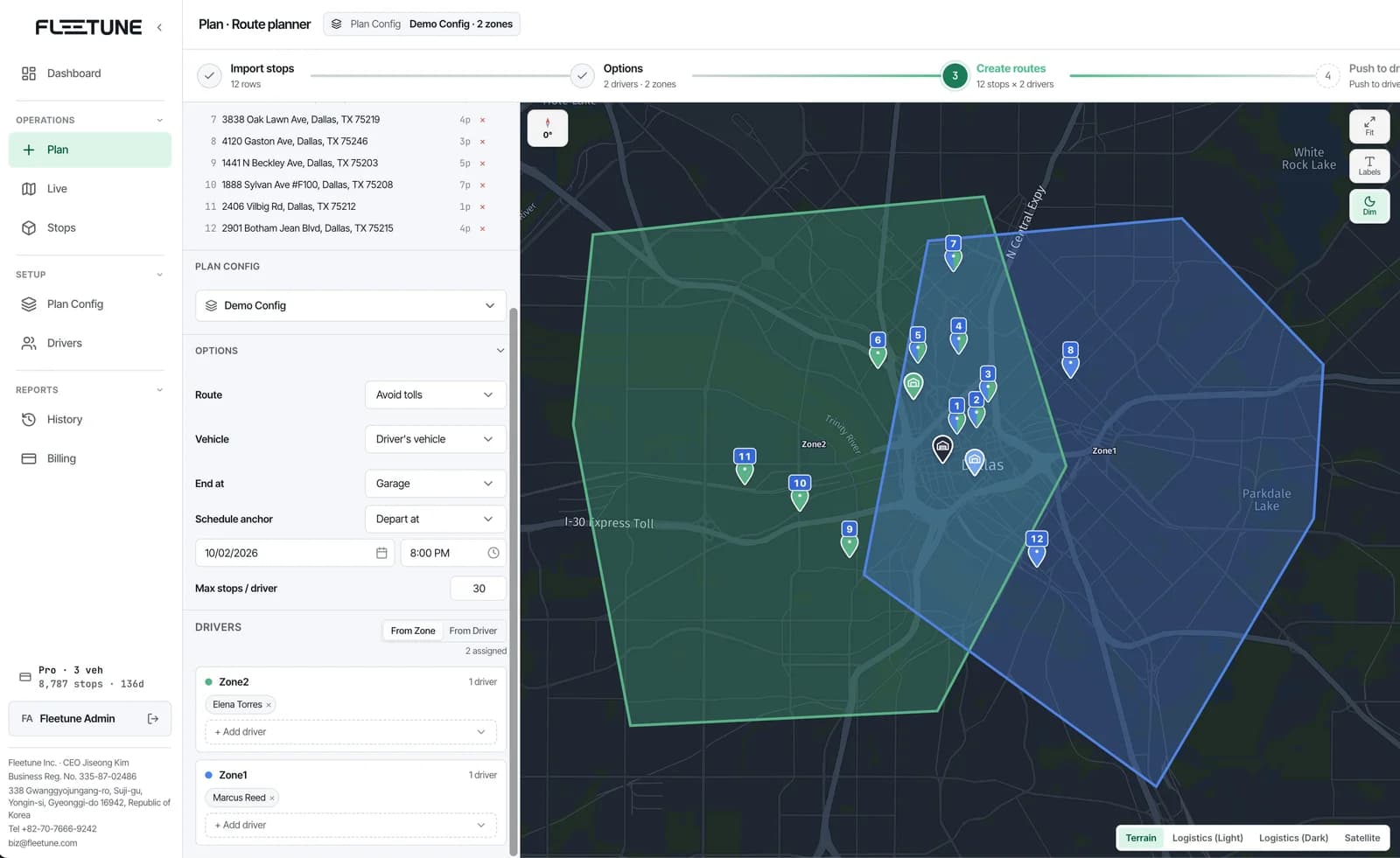 Fleetune Zonal dispatch showing two delivery zones on the map, today's stops, and a driver assigned to each zone
