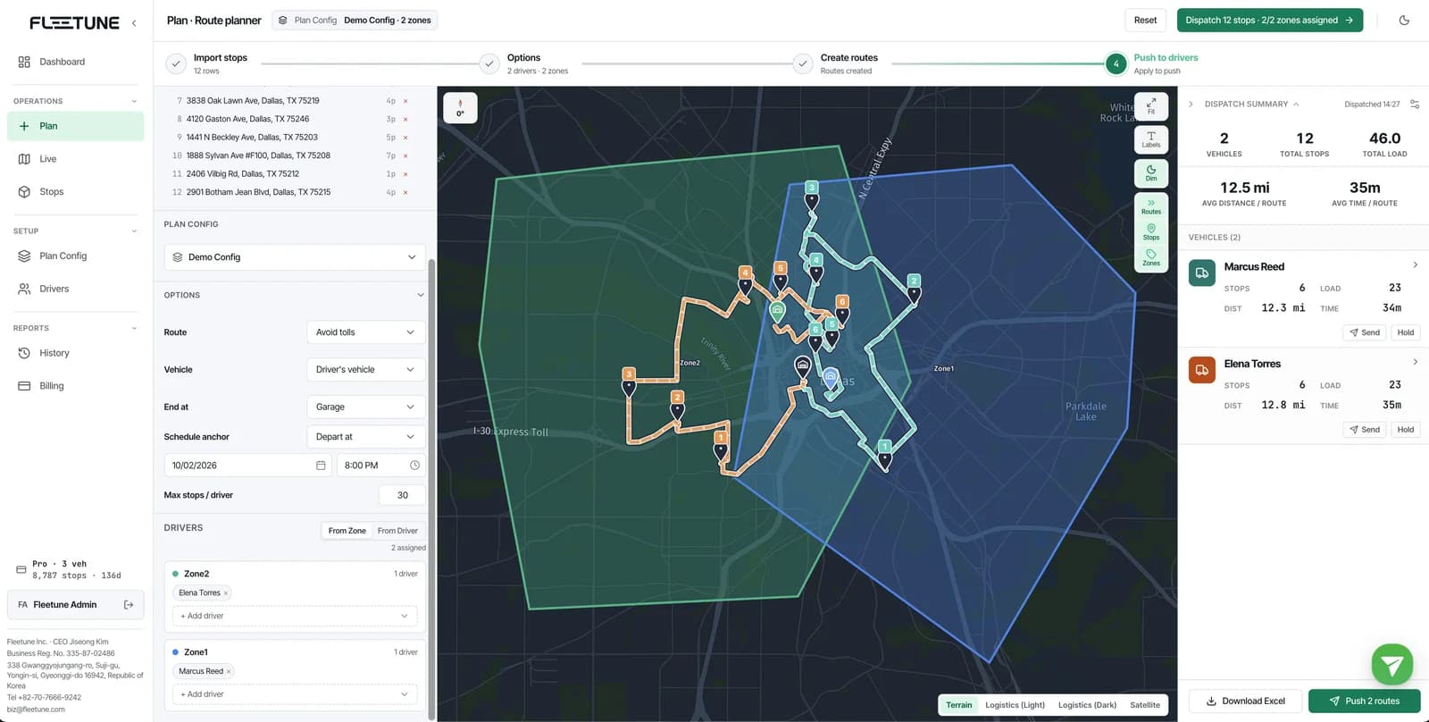 Fleetune Zonal dispatch results with one route per delivery zone and route cards showing stops, load, distance, and time