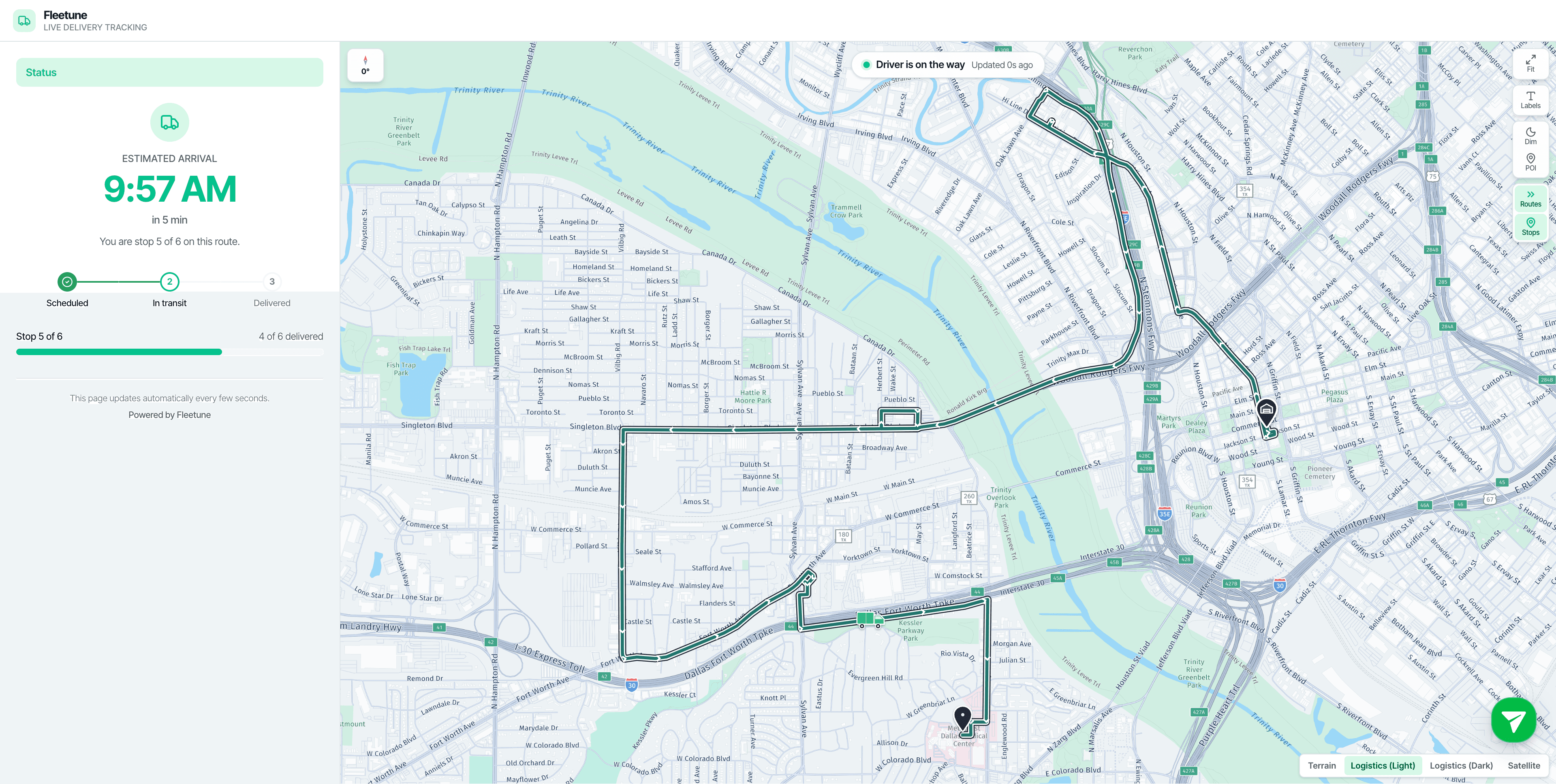 Customer live delivery tracking page with a real-time ETA and the driver approaching on the map