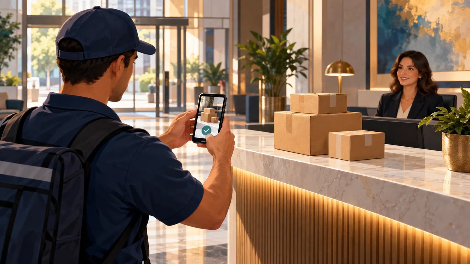A delivery worker photographs cartons at a reception desk to record their drop-off location.