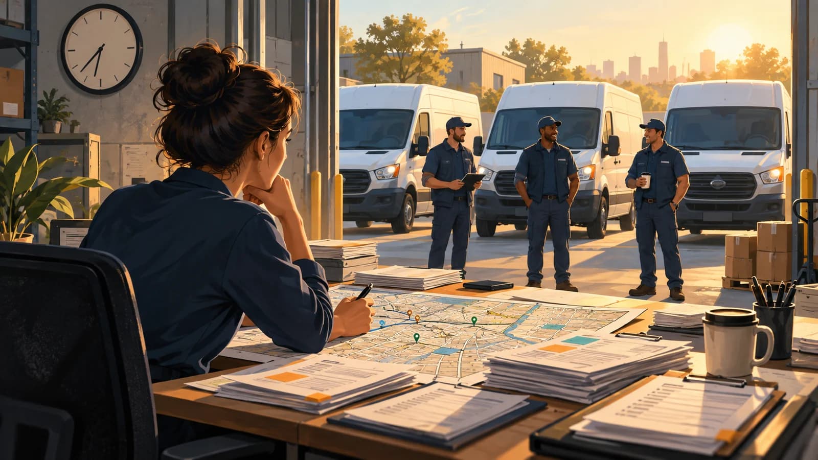 A dispatcher plans routes while three delivery drivers wait beside their vans at sunrise.