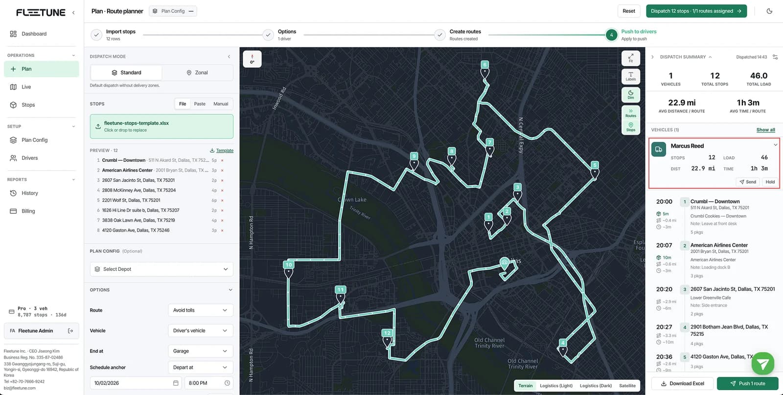 Fleetune route review showing the dispatch summary, a driver's route card with stops, load, distance, and time, the stop order with arrival times, and the Push routes button