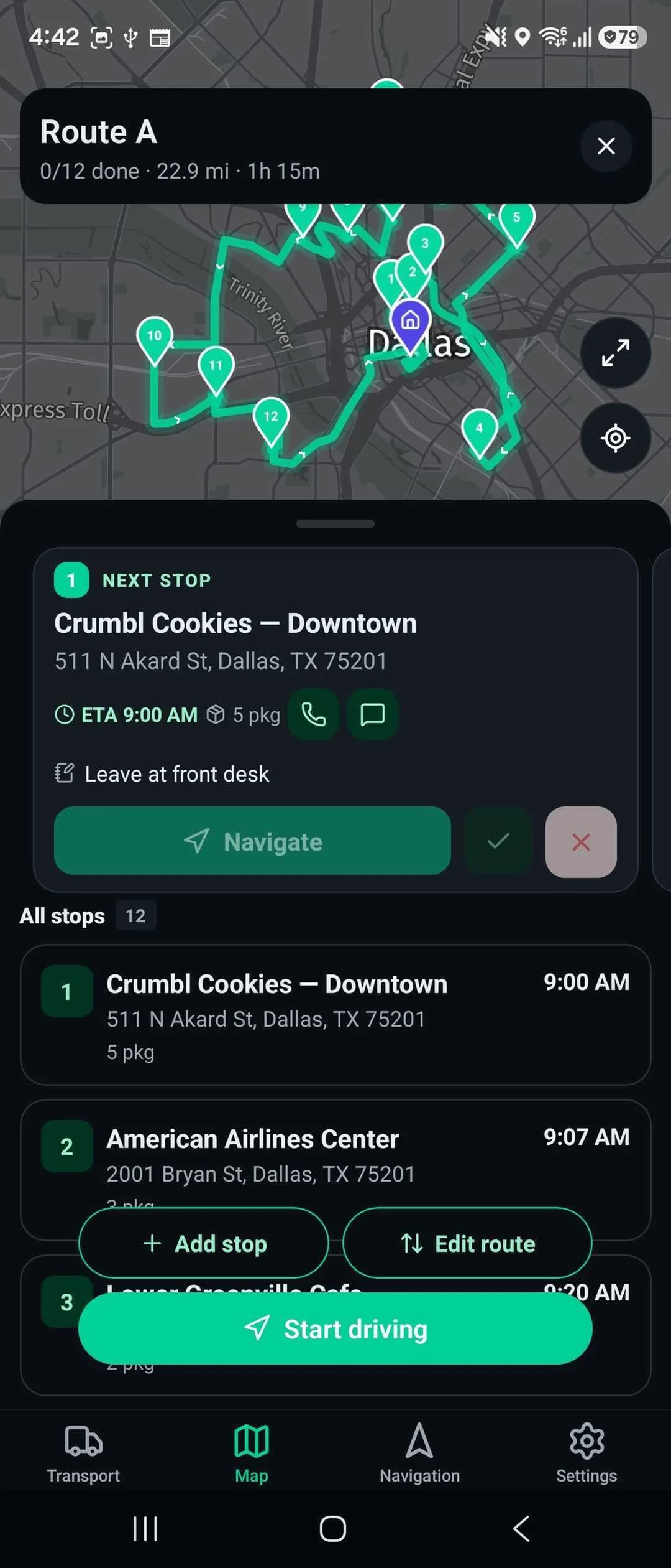 Fleetune Driver app showing the assigned route on the map, the next stop card with its ETA and delivery note, the full stop list, and the Start driving button