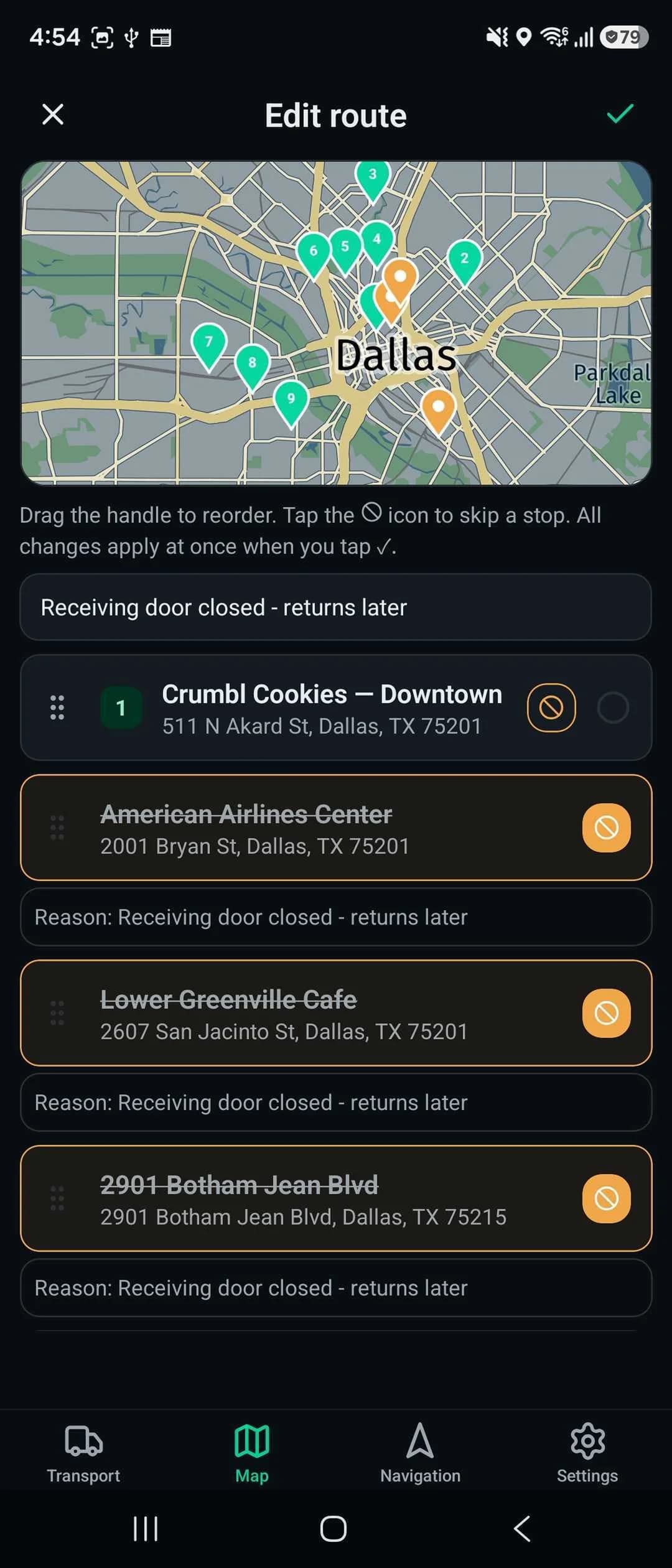 Fleetune Driver app Edit route screen with stops marked skipped and the reason "Receiving door closed - returns later" recorded for each