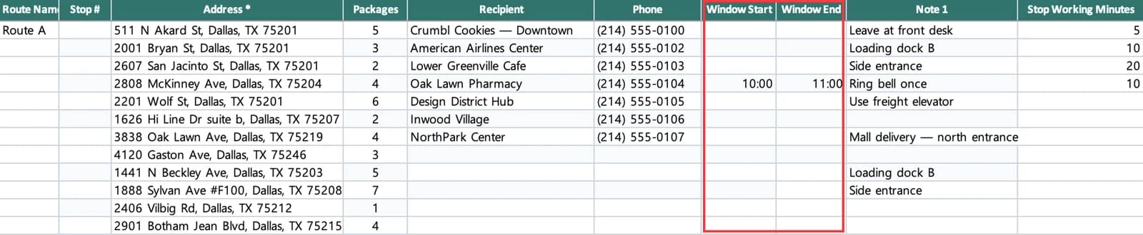Stop file with Window Start and Window End columns, showing a 10:00 to 11:00 receiving window recorded for one customer alongside its delivery note and on-site time