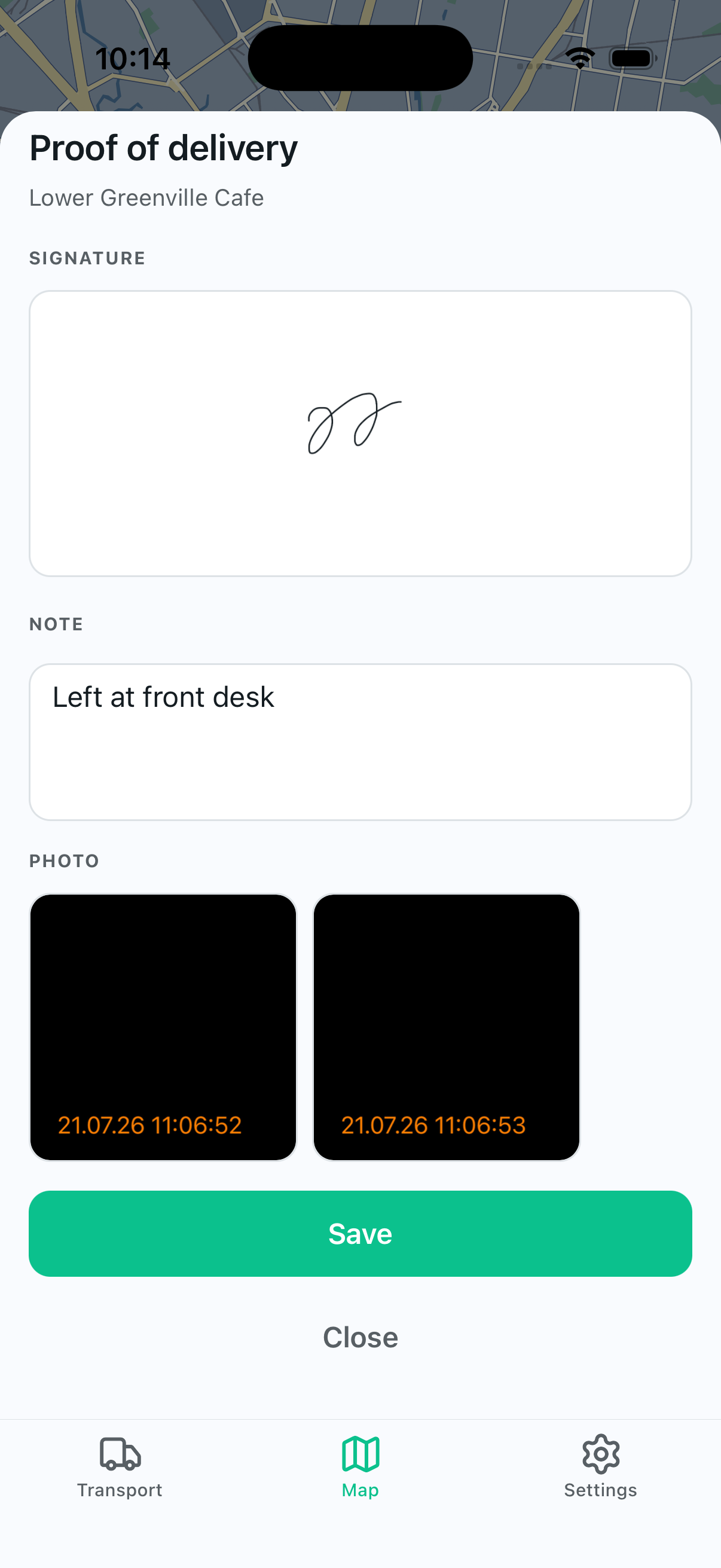 Proof of delivery with signature, note, and timestamped photos