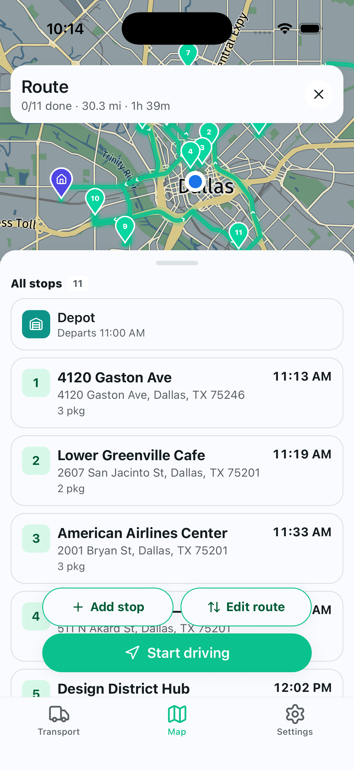 Driver managing their route — add stop, edit route, and start driving