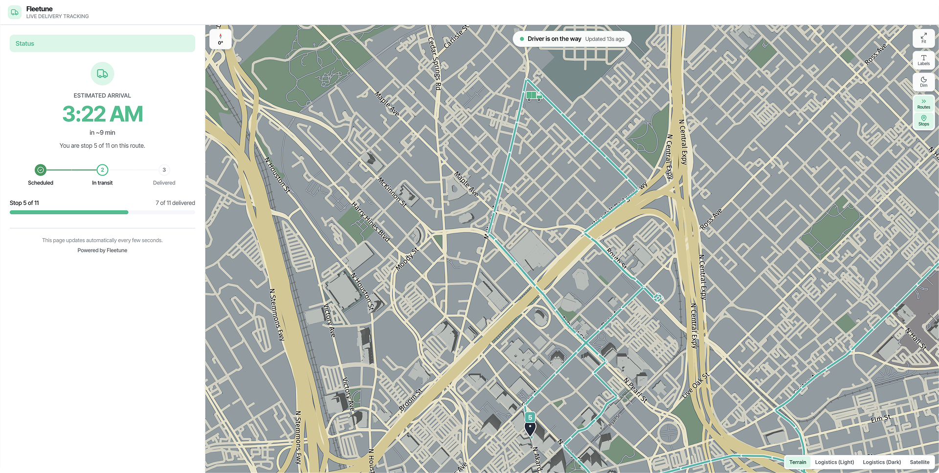 Customer live delivery tracking page with a real-time ETA and the driver approaching on the map