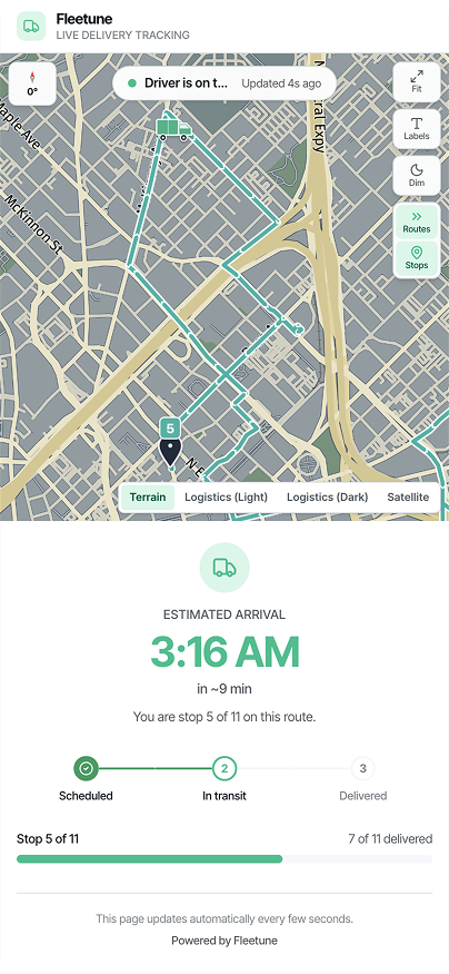 Customer tracking on a phone — estimated arrival and delivery progress