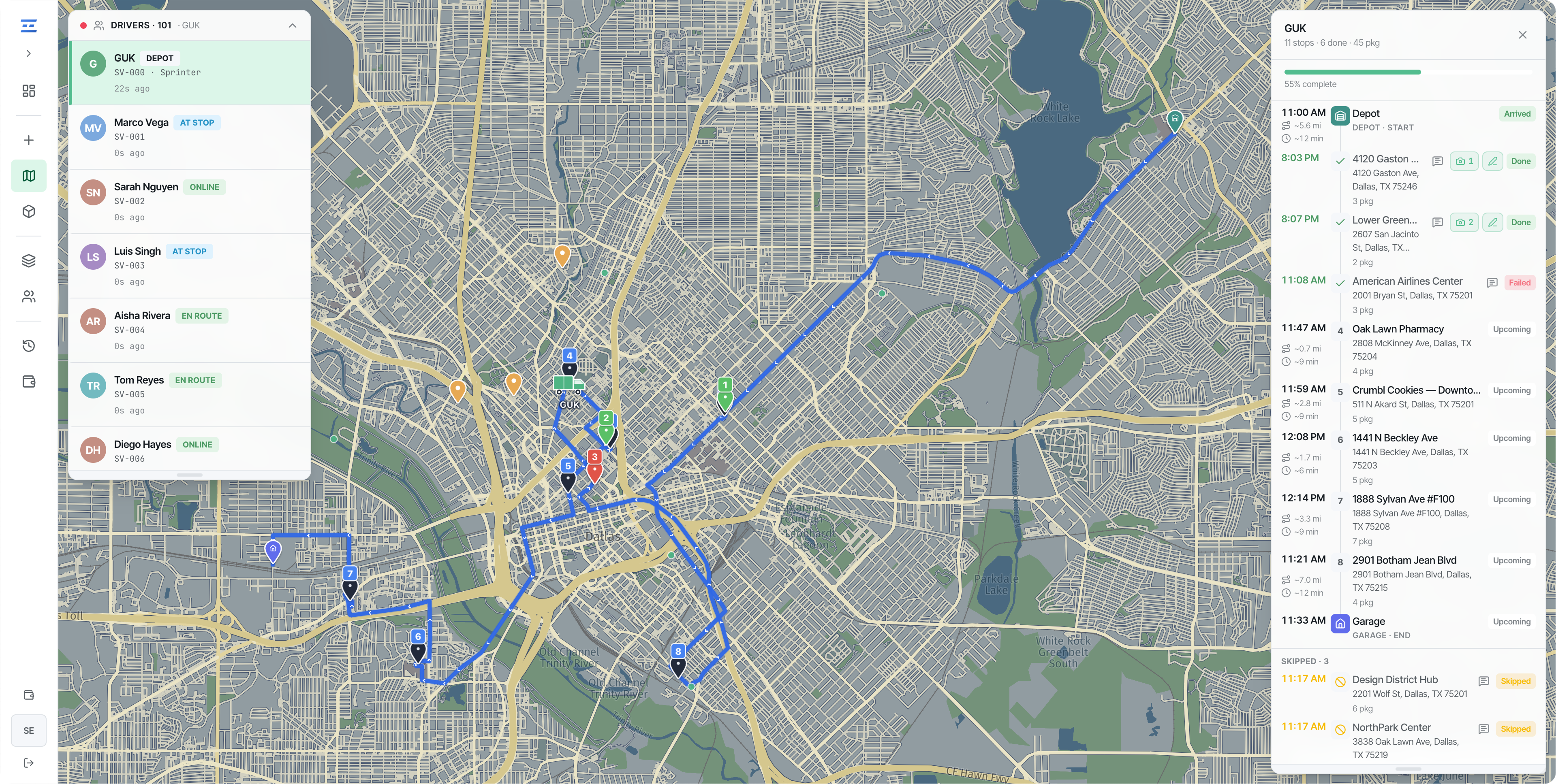Real-time tracking focused on one driver's active route with progress overlay