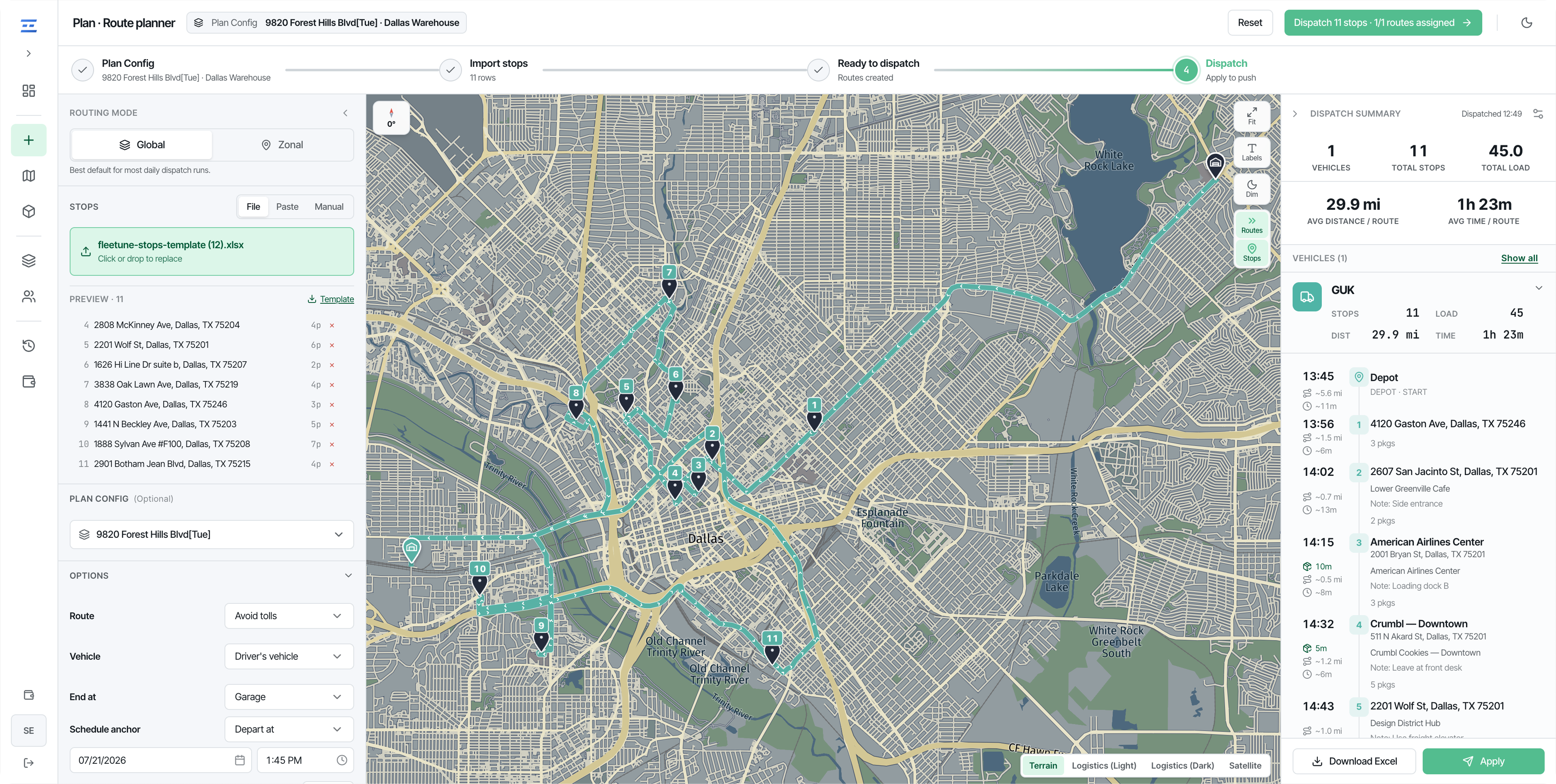 Fleetune optimizing 11 stops into one route — 29.9 miles, 1h 23m, a single vehicle