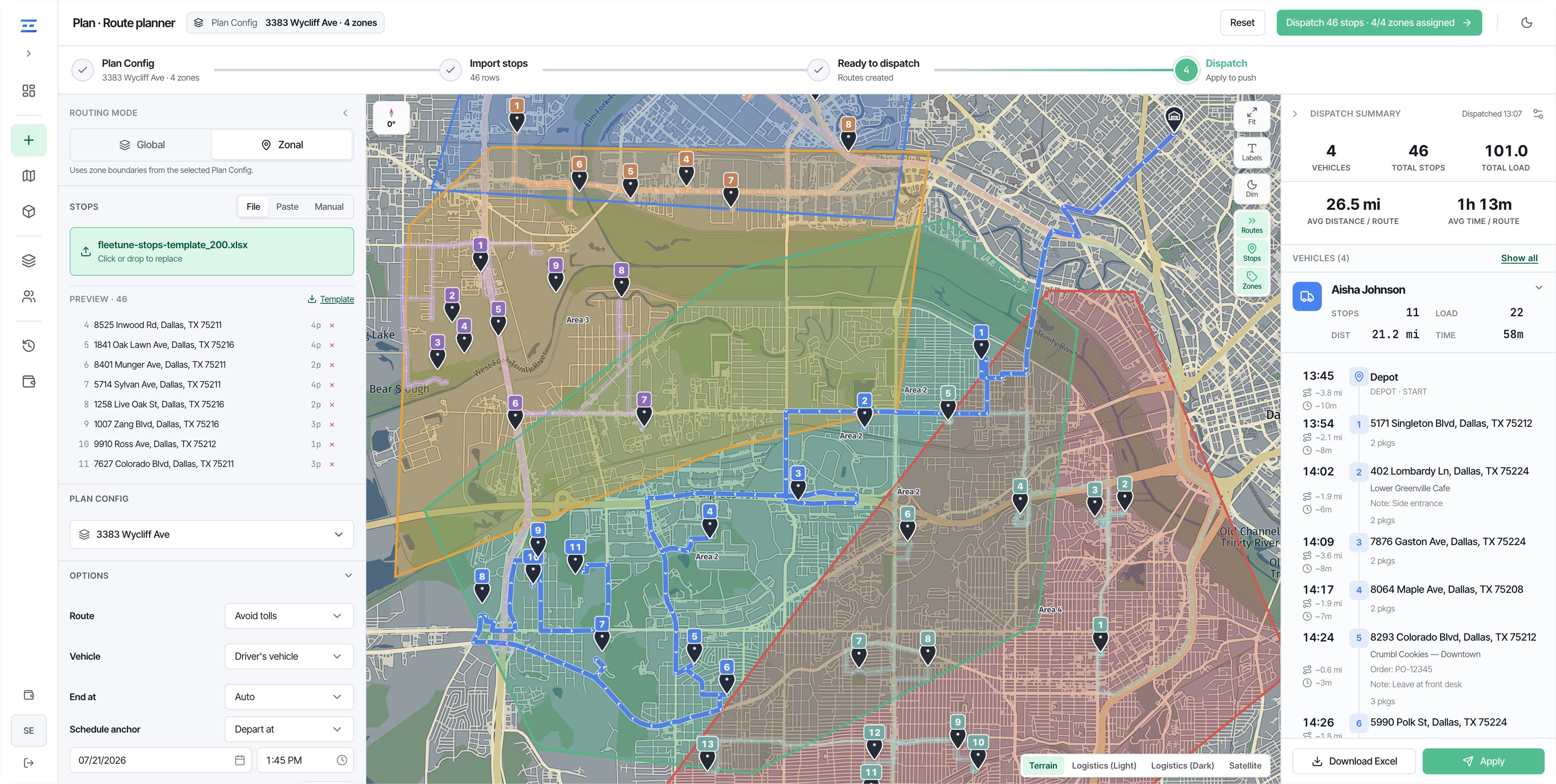 Optimized routes with one vehicle's path highlighted