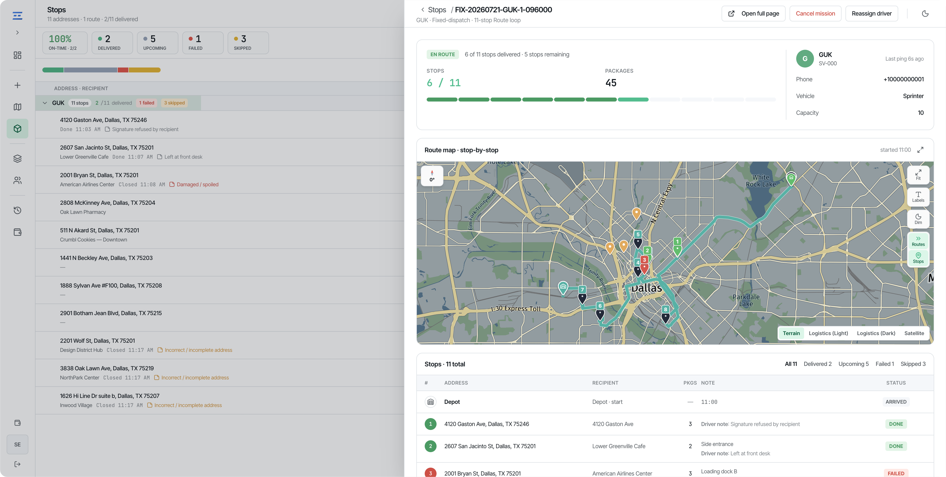 A dispatched mission en route with live stop-by-stop progress