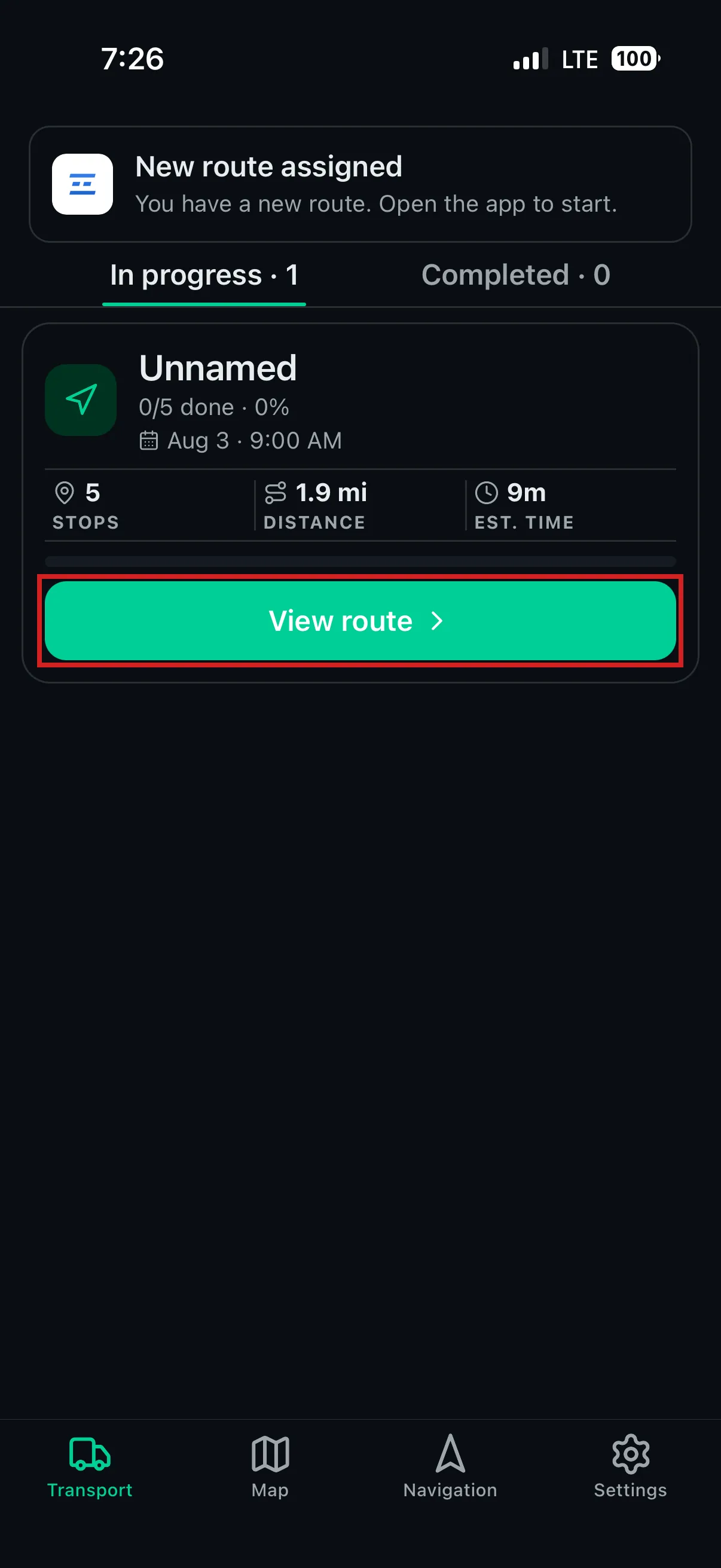 Driver App — receive route and view it