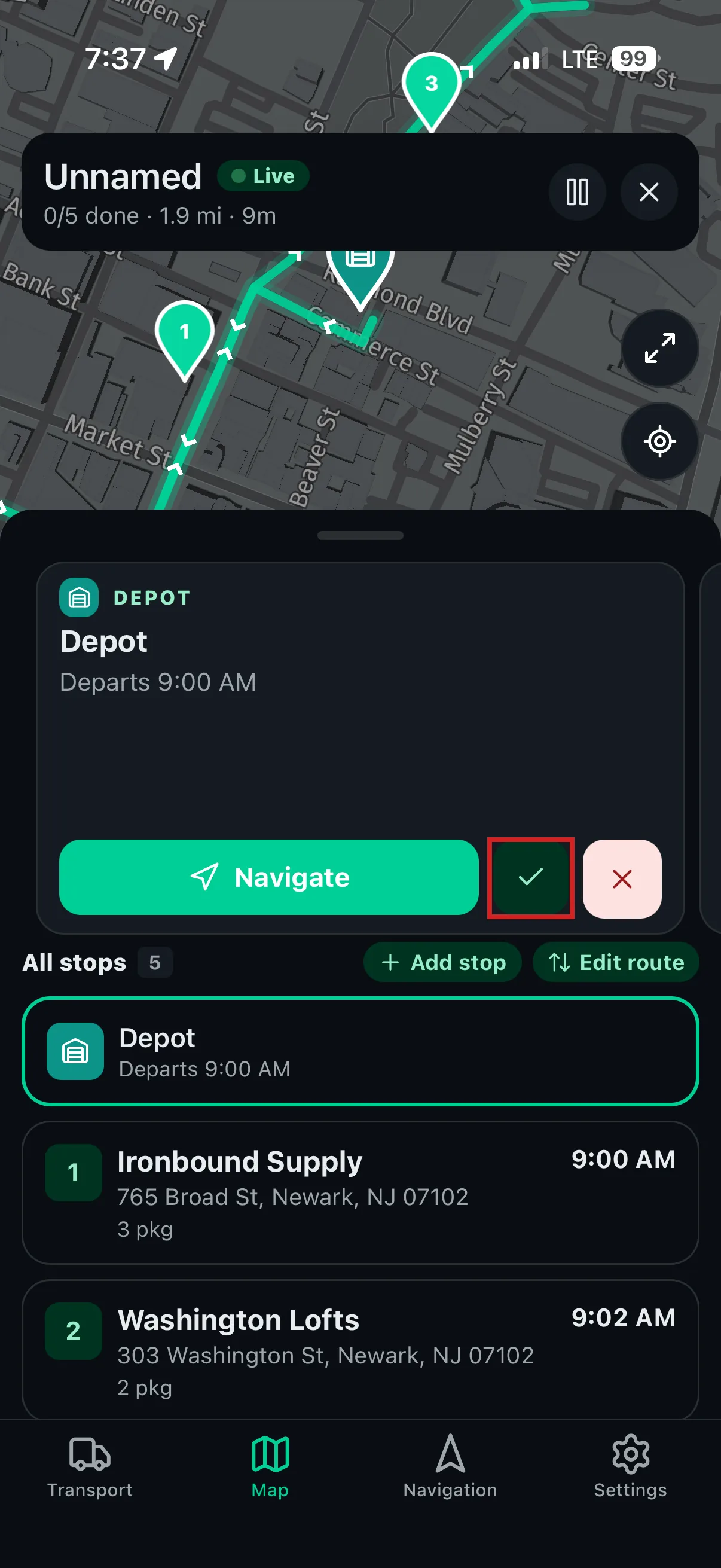 Driver App — mark arrived at the stop