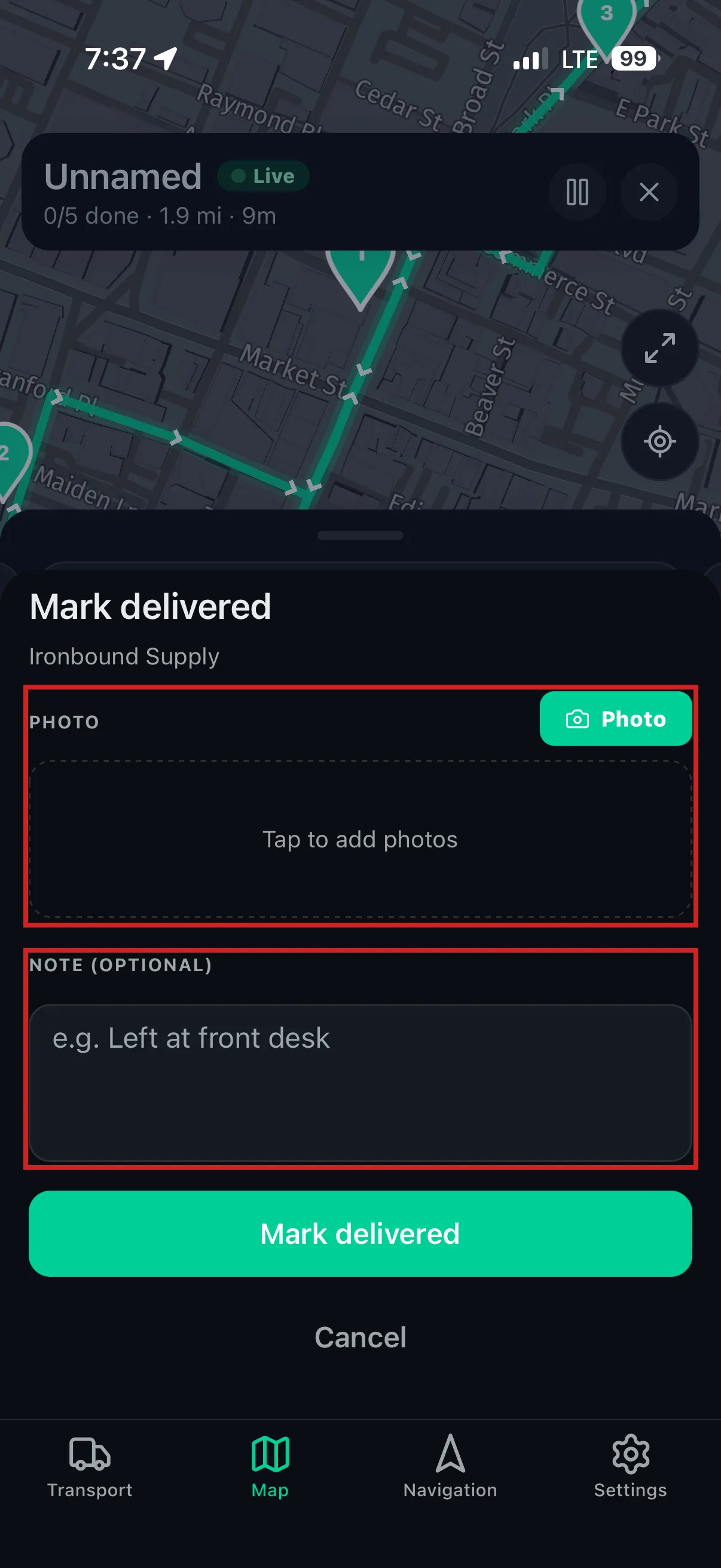 Driver App — proof of delivery form
