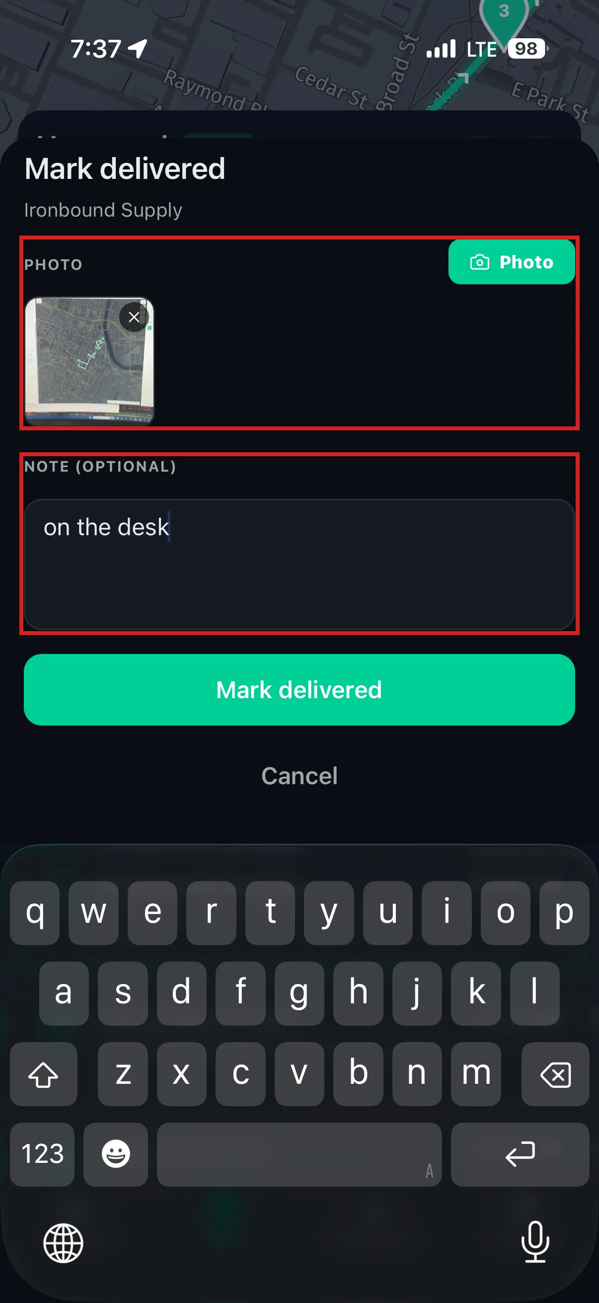 Driver App — proof of delivery with photo and note