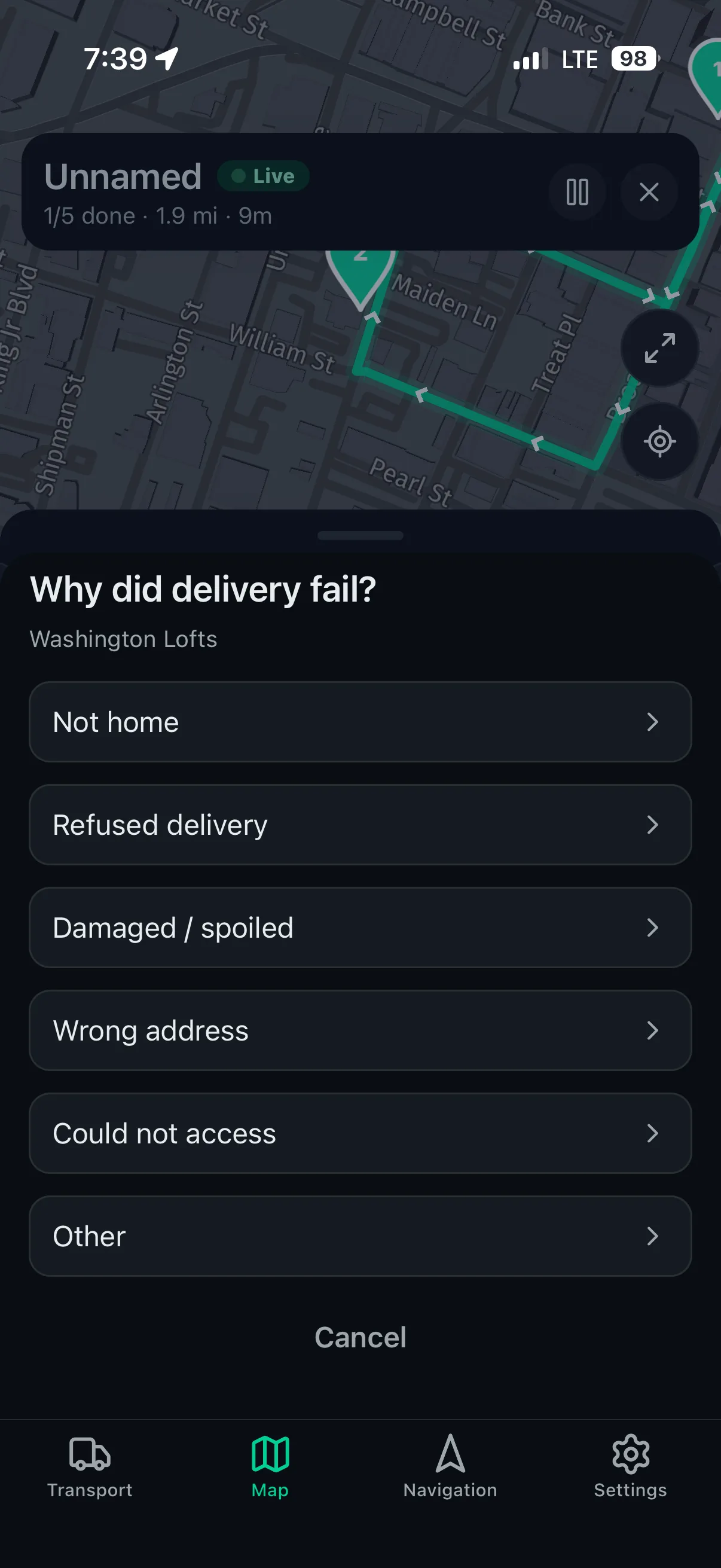 Driver App — choose a failure reason