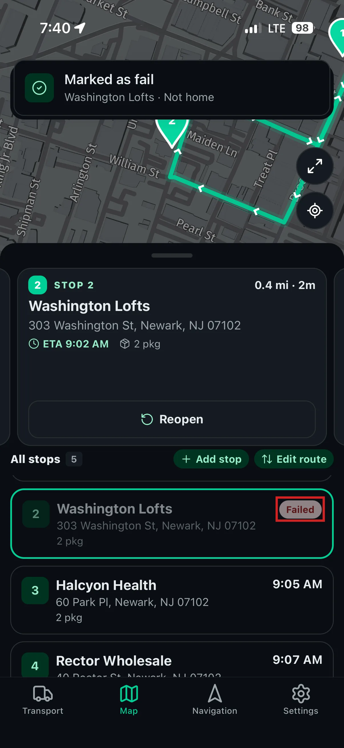 Driver App — stop marked as failed
