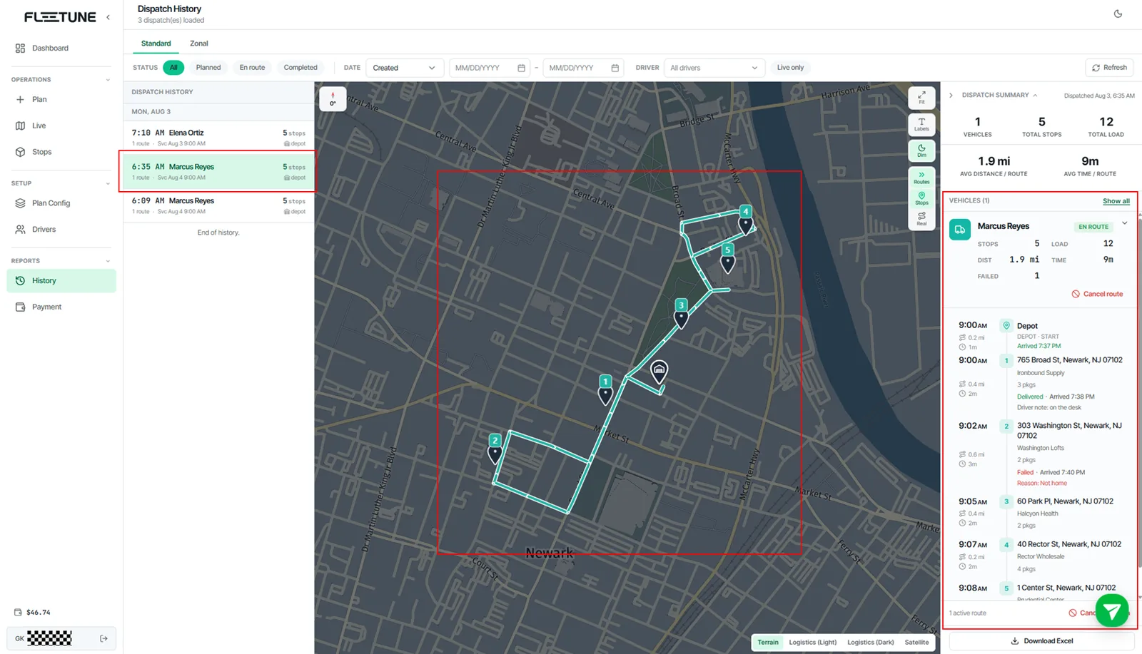 Review Dispatch History and Actual Driven Tracks — screenshot 1